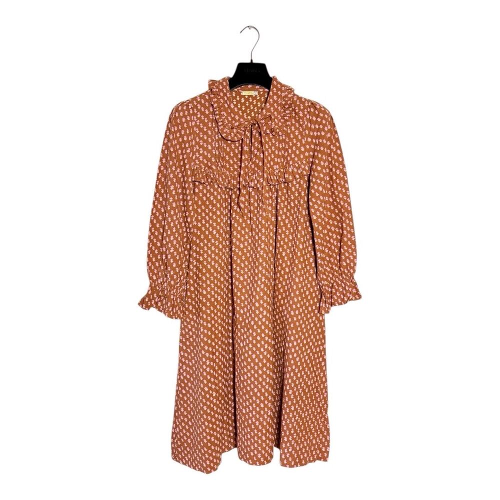 Matta Block Print Terracotta Cotton Knee Length Cottage Core Dress XS